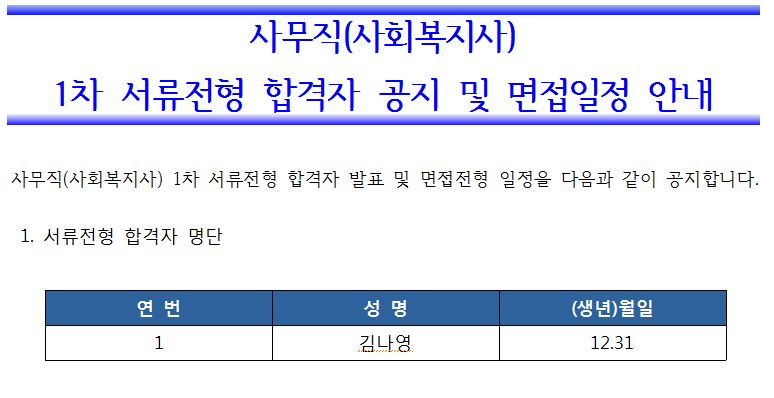 110.JPG
사무직(사회복지사) 1차 서류전형 합격자 공지 및 면접일정 안내