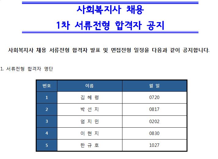 사회복지사 채용 서류전형 합격자 발표 및 면접전형 일정 공지