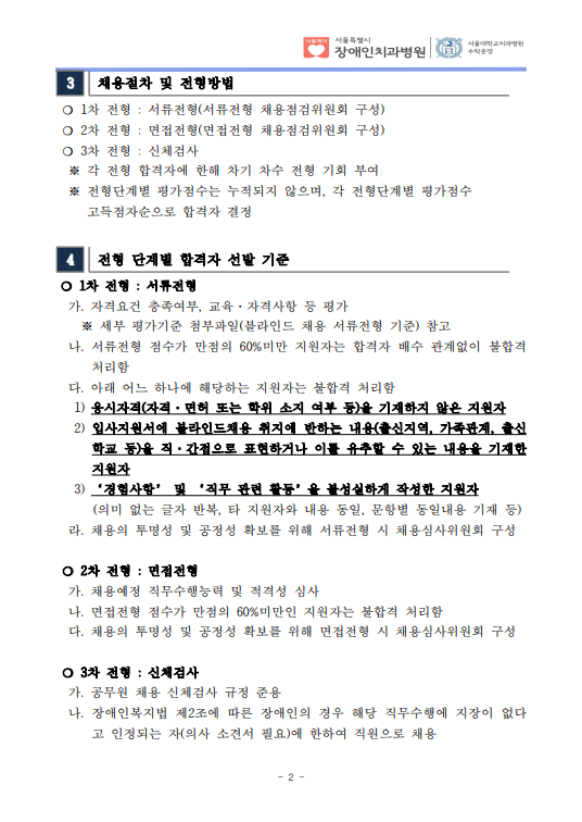 3 채용절차 및 전형방법
❍ 1차 전형 : 서류전형(서류전형 채용점검위원회 구성)
❍ 2차 전형 : 면접전형(면접전형 채용점검위원회 구성)
❍ 3차 전형 : 신체검사
※ 각 전형 합격자에 한해 차기 차수 전형 기회 부여
 ※ 전형단계별 평가점수는 누적되지 않으며, 각 전형단계별 평가점수
 고득점자순으로 합격자 결정
4 전형 단계별 합격자 선발 기준
❍ 1차 전형 : 서류전형
 가. 자격요건 충족여부, 교육·자격사항 등 평가
 ※ 세부 평가기준 첨부파일(블라인드 채용 서류전형 기준) 참고
 나. 서류전형 점수가 만점의 60%미만 지원자는 합격자 배수 관계없이 불합격
처리함
 다. 아래 어느 하나에 해당하는 지원자는 불합격 처리함
 1) 응시자격(자격·면허 또는 학위 소지 여부 등)을 기재하지 않은 지원자
 2) 입사지원서에 블라인드채용 취지에 반하는 내용(출신지역, 가족관계, 출신
학교 등)을 직·간접으로 표현하거나 이를 유추할 수 있는 내용을 기재한
지원자
 3) ‘경험사항’ 및 ‘직무 관련 활동’을 불성실하게 작성한 지원자
 (의미 없는 글자 반복, 타 지원자와 내용 동일, 문항별 동일내용 기재 등) 라. 채용의 투명성 및 공정성 확보를 위해 서류전형 시 채용심사위원회 구성
 ❍ 2차 전형 : 면접전형
 가. 채용예정 직무수행능력 및 적격성 심사
 나. 면접전형 점수가 만점의 60%미만인 지원자는 불합격 처리함
 다. 채용의 투명성 및 공정성 확보를 위해 면접전형 시 채용심사위원회 구성
 ❍ 3차 전형 : 신체검사
 가. 공무원 채용 신체검사 규정 준용
 나. 장애인복지법 제2조에 따른 장애인의 경우 해당 직무수행에 지장이 없다
고 인정되는 자(의사 소견서 필요)에 한하여 직원으로 채용