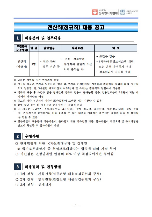 전산직(정규직) 채용 공고
1 채용분야 및 업무내용
모집분야
(근무형태) 인 원 담당업무 자격요건 비 고
전산직
(정규직)
1명
- 전산 관련
업무 전반 등
- 전산·정보학과, 유사학과 졸업자 또는
이에 준하는 자
- 조건부 임용
- (치과)병원정보시스템 개발
또는 운영 유경험자 우대
- 정보처리사 자격증 우대
※ 남자는 병역필 또는 면제자에 한함
※ 정규직 채용은 조건부 임용이며, 임용 후 조건부 기간(3개월) 시점에서 평가하여 결과에 따라 정규직
으로 임용함. 단, 3개월간 계약기간의 처우(급여 및 복무)는 정규직과 동일하게 적용함
※ 정규직 채용 후 조건부 임용 평가결과 정규직 임용이 불가능할 경우, 임용일로부터 3개월이 되는 시
점에서 계약만료 예정
※ 공고일 기준 정년퇴직 기준연령(만60세)에 도달한 자는 지원할 수 없음
※ 진행 중인 본원 타 채용공고 중복지원 시 불합격 처리
※ 본 채용은 블라인드 공개채용으로 입사지원서 등에 학교명, 출신지역, 가족(신분)관계, 성별 등을
직·간접적으로 표현하거나 이를 유추할 수 있는 내용을 기재하는 경우에는 불합격 처리 등 불이익
을 받을 수 있음
※ 첨부파일의 채용분야 직무기술서, 블라인드 채용 서류전형 기준, 입사지원서 작성요령 및 주의사항을
반드시 확인한 후 입사지원서 작성
2 우대사항
❍ 관계법령에 의한 국가보훈대상자 및 장애인
 ※ 국가보훈대상자 중 취업보호대상자는 법령에 따라 가점 부여
❍ 가산점은 전형단계별 만점의 40% 이상 득점자에게만 부여함
3 채용절차 및 전형방법
❍ 1차 전형 : 서류전형(서류전형 채용점검위원회 구성)
❍ 2차 전형 : 면접전형(면접전형 채용점검위원회 구성)
❍ 3차 전형 : 신체검사
