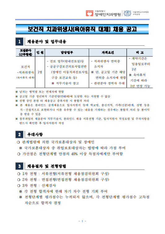 보건직 치과위생사(육아휴직 대체) 채용 공고
1 채용분야 및 업무내용
모집분야
(근무형태) 인 원 담당업무 자격요건 비 고
보건직
-치과위생사
(육아휴직 대체)
1명
- 진료 업무(원내진료실)등
- 공공구강보건의료사업전반
 (장애인 이동치과진료사업,
 구강 보건교육 등) ※ 직무기술서 참고
- 치과위생사 면허증
 소지자
※ 단, 공고일 기준 해당
 면허증 소지자에 한함
- 관련분야 경력자 우대
- 계약기간은
 임용일로부터
 1년
※ 육아휴직
 기간에 따라
 1년 연장 가능
※ 남자는 병역필 또는 면제자에 한함
※ 공고일 기준 정년퇴직 기준연령(만60세)에 도달한 자는 지원할 수 없음
※ 진행 중인 본원 타 채용공고 중복지원 시 불합격 처리
※ 본 채용은 블라인드 공개채용으로 입사지원서 등에 학교명, 출신지역, 가족(신분)관계, 성별 등을
직·간접적으로 표현하거나 이를 유추할 수 있는 내용을 기재하는 경우에는 불합격 처리 등 불이익
을 받을 수 있음
※ 첨부파일의 채용분야 직무기술서, 블라인드 채용 서류전형 기준, 입사지원서 작성요령 및 주의사항을
반드시 확인한 후 입사지원서 작성
2 우대사항
❍ 관계법령에 의한 국가보훈대상자 및 장애인
 ※ 국가보훈대상자 중 취업보호대상자는 법령에 따라 가점 부여
❍ 가산점은 전형단계별 만점의 40% 이상 득점자에게만 부여함
3 채용절차 및 전형방법
❍ 1차 전형 : 서류전형(서류전형 채용점검위원회 구성)
❍ 2차 전형 : 면접전형(면접전형 채용점검위원회 구성)
❍ 3차 전형 : 신체검사
 ※ 각 전형 합격자에 한해 차기 차수 전형 기회 부여
 ※ 전형단계별 평가점수는 누적되지 않으며, 각 전형단계별 평가점수 고득점
자순으로 합격자 결정