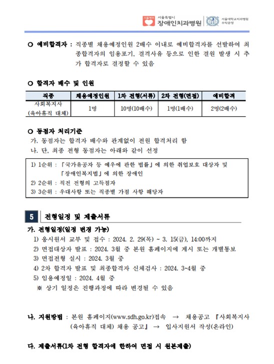  ❍ 예비합격자 : 직종별 채용예정인원 2배수 이내로 예비합격자를 선발하여 최
종합격자의 임용포기, 결격사유 등으로 인한 결원 발생 시 추
가 합격자로 결정할 수 있음
 ❍ 합격자 배수 및 인원
직종 채용예정인원 1차 전형(서류) 2차 전형(면접) 예비합격
사회복지사
(육아휴직 대체) 1명 10명(10배수) 1명(1배수) 2명(2배수)
 ❍ 동점자 처리기준
 가. 동점자는 합격자 배수와 관계없이 전원 합격처리 함
 나. 단, 최종 전형 동점자는 아래와 같이 선정
1) 1순위 : 「국가유공자 등 예우에 관한 법률」에 의한 취업보호 대상자 및
 「장애인복지법」에 의한 장애인
2) 2순위 : 직전 전형의 고득점자
3) 3순위 : 우대사항 또는 직종별 가점 사항 해당자
5 전형일정 및 제출서류
 가. 전형일정(일정 변경 가능) 1) 응시원서 교부 및 접수 : 2024. 2. 29(목) ~ 3. 15(금), 14:00까지
 2) 면접대상자 발표 : 2024. 3월 중 본원 홈페이지에 게시 또는 개별통보
 3) 면접전형 실시 : 2024. 3월 중
 4) 2차 합격자 발표 및 최종합격자 신체검사 : 2024. 3~4월 중
 5) 임용예정일 : 2024. 4월 중
 ​ ※ 상기 일정은 진행과정에 따라 변경될 수 있음
나. 지원방법 : 본원 홈페이지(www.sdh.go.kr)접속 → 채용공고 『사회복지사
(육아휴직 대체) 채용 공고』 → 입사지원서 작성(온라인)
 다. 제출서류(1차 전형 합격자에 한하여 면접 시 원본제출)