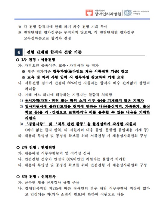 ※ 각 전형 합격자에 한해 차기 차수 전형 기회 부여
 ※ 전형단계별 평가점수는 누적되지 않으며, 각 전형단계별 평가점수
 고득점자순으로 합격자 결정
4 전형 단계별 합격자 선발 기준
❍ 1차 전형 : 서류전형
 가. 자격요건 충족여부, 교육·자격사항 등 평가
 ※ 세부 평가기준 첨부파일(블라인드 채용 서류전형 기준) 참고
 ※ 교육 및 자격 사항 입력 시 첨부파일 참고하여 기재 요망
 나. 서류전형 점수가 만점의 60%미만 지원자는 합격자 배수 관계없이 불합격
처리함
 다. 아래 어느 하나에 해당하는 지원자는 불합격 처리함
 1) 응시자격(자격·면허 또는 학위 소지 여부 등)을 기재하지 않은 지원자
 2) 입사지원서에 블라인드채용 취지에 반하는 내용(출신지역, 가족관계, 출신
학교 등)을 직·간접으로 표현하거나 이를 유추할 수 있는 내용을 기재한
지원자
 3) ‘경험사항’ 및 ‘직무 관련 활동’을 불성실하게 작성한 지원자
 (의미 없는 글자 반복, 타 지원자와 내용 동일, 문항별 동일내용 기재 등) 라. 채용의 투명성 및 공정성 확보를 위해 서류전형 시 채용심사위원회 구성
 ❍ 2차 전형 : 면접전형
 가. 채용예정 직무수행능력 및 적격성 심사
 나. 면접전형 점수가 만점의 60%미만인 지원자는 불합격 처리함
 다. 채용의 투명성 및 공정성 확보를 위해 면접전형 시 채용심사위원회 구성
 ❍ 3차 전형 : 신체검사
 가. 공무원 채용 신체검사 규정 준용
 나. 장애인복지법 제2조에 따른 장애인의 경우 해당 직무수행에 지장이 없다
고 인정되는 자(의사 소견서 필요)에 한하여 직원으로 채용
