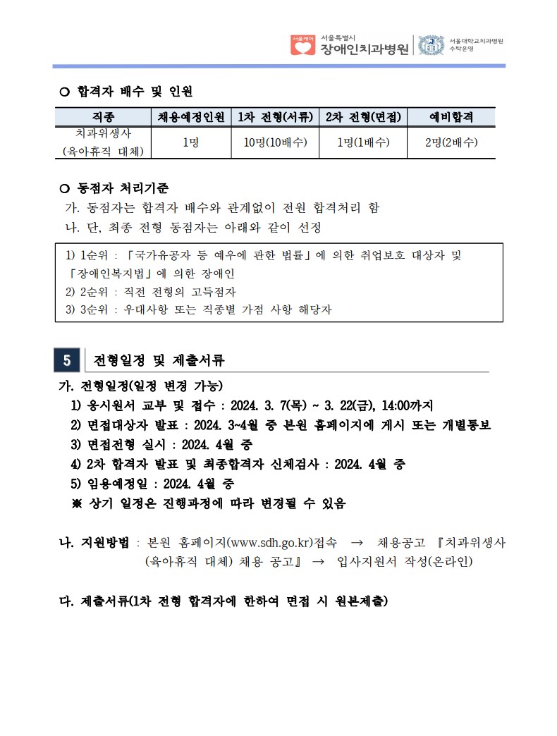  ❍ 합격자 배수 및 인원
직종 채용예정인원 1차 전형(서류) 2차 전형(면접) 예비합격
치과위생사
(육아휴직 대체) 1명 10명(10배수) 1명(1배수) 2명(2배수)
 ❍ 동점자 처리기준
 가. 동점자는 합격자 배수와 관계없이 전원 합격처리 함
 나. 단, 최종 전형 동점자는 아래와 같이 선정
1) 1순위 : 「국가유공자 등 예우에 관한 법률」에 의한 취업보호 대상자 및
「장애인복지법」에 의한 장애인
2) 2순위 : 직전 전형의 고득점자
3) 3순위 : 우대사항 또는 직종별 가점 사항 해당자
5 전형일정 및 제출서류
 가. 전형일정(일정 변경 가능) 1) 응시원서 교부 및 접수 : 2024. 3. 7(목) ~ 3. 22(금), 14:00까지
 2) 면접대상자 발표 : 2024. 3~4월 중 본원 홈페이지에 게시 또는 개별통보
 3) 면접전형 실시 : 2024. 4월 중
 4) 2차 합격자 발표 및 최종합격자 신체검사 : 2024. 4월 중
 5) 임용예정일 : 2024. 4월 중
 ※ 상기 일정은 진행과정에 따라 변경될 수 있음
나. 지원방법 : 본원 홈페이지(www.sdh.go.kr)접속 → 채용공고 『치과위생사
(육아휴직 대체) 채용 공고』 → 입사지원서 작성(온라인)
 다. 제출서류(1차 전형 합격자에 한하여 면접 시 원본제출)