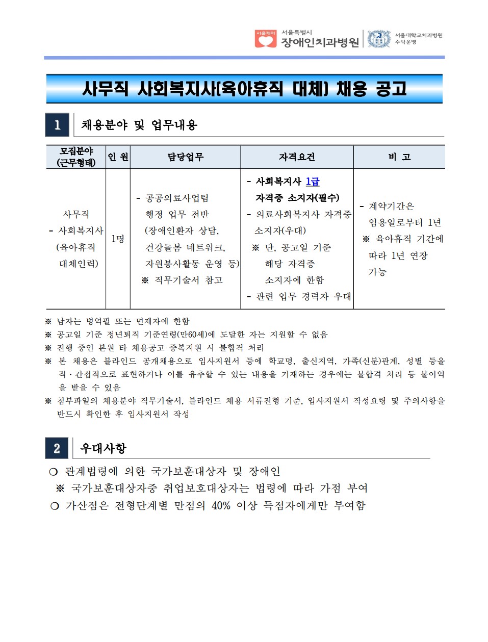 사무직 사회복지사(육아휴직 대체) 채용 공고
1 채용분야 및 업무내용 모집분야
(근무형태) 인 원 담당업무 자격요건 비 고
사무직
- 사회복지사
(육아휴직
대체인력)
1명
- 공공의료사업팀
 행정 업무 전반
 (장애인환자 상담, 건강돌봄 네트워크,
 자원봉사활동 운영 등) ※ 직무기술서 참고
- 사회복지사 1급
 자격증 소지자(필수) - 의료사회복지사 자격증
소지자(우대) ※ 단, 공고일 기준
 해당 자격증
 소지자에 한함
- 관련 업무 경력자 우대
- 계약기간은
 임용일로부터 1년
※ 육아휴직 기간에
 따라 1년 연장
 가능
※ 남자는 병역필 또는 면제자에 한함
※ 공고일 기준 정년퇴직 기준연령(만60세)에 도달한 자는 지원할 수 없음
※ 진행 중인 본원 타 채용공고 중복지원 시 불합격 처리
※ 본 채용은 블라인드 공개채용으로 입사지원서 등에 학교명, 출신지역, 가족(신분)관계, 성별 등을
직·간접적으로 표현하거나 이를 유추할 수 있는 내용을 기재하는 경우에는 불합격 처리 등 불이익
을 받을 수 있음
※ 첨부파일의 채용분야 직무기술서, 블라인드 채용 서류전형 기준, 입사지원서 작성요령 및 주의사항을
반드시 확인한 후 입사지원서 작성
2 우대사항
❍ 관계법령에 의한 국가보훈대상자 및 장애인
 ※ 국가보훈대상자중 취업보호대상자는 법령에 따라 가점 부여
❍ 가산점은 전형단계별 만점의 40% 이상 득점자에게만 부여함
