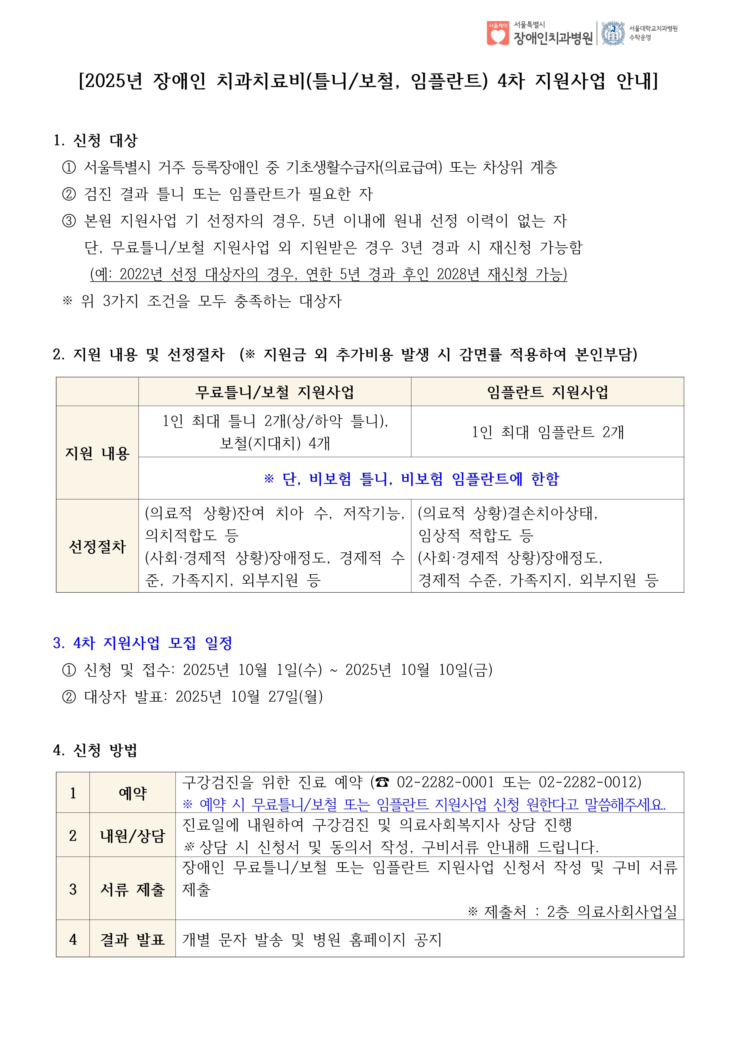 [2025년 장애인 치과치료비(틀니/버철, 임플란트) 4차 지원사업 안내]
    1. 신청 대상
    1) 서울특별시 거주 등록장애인 중 기초생활수급자(의료급여) 또는 차상위 계층
    2) 검진 결과 틀니 또는 임플란트가 필요한 자
    3) 본원 지원사업 기 선정자의 경우, 5년 이내에 원내 선정 이력이 없는 자
    단, 무료틀니/보철 지원사업 외 지원받은 경우 3년 경과 시 재신청 가능함
    (예: 2022년 선정 대상자의 경우, 연한 5년 경과 후인 2028년 재신청 가능) 
    위 3가지 조건을 모두 충족하는 대상자
    
    2. 지원 내용 및 선정절차(지원금 외 추가비용 발생 시 감면률 적용하여 본인 부담)
    무료 틀니/보철 지원사업
    지원내용 : 1인 최대 틀니 2개(상/하악 틀니), 보철(지대치) 4개
    단, 비보험 틀니, 비보험 임플란트에 한함
    
    선정절차 : (의료적 상황)잔여 치아 수, 저작기능, 의치적합도 등
    (사회, 경제적 상황)장애정도, 경제적 수준, 가족지지, 외부지원 등
    
    임플란트 지원사업
    지원 내용 : 1인 최대 임플란트 2개
    단, 비보험 틀니, 비보험 임플란트에 한함
    
    선정절차 : (의료적 상황)결손치아상태, 임상적 적합도 등
    (사회,경제적 상황)장애정도, 경제적 수준, 가족지지, 외부지원 등
    
    3. 4차 지원사업 모집일정
    1) 신청 및 접수 : 2025년 10월 1일(수) ~ 2025년 10월 10일(금)
    2) 대상자 발표 : 2025년 10월 27일(월)
    
    4. 신청 방법
    1) 예약 : 구강검진을 위한 진료 에약(02-2282-0001 또는 02-2282-0012)
    예약 시 무료틀니/보철 또는 임플란트 지원사업 신청 원한다고 말씀해주세요.
    
    2) 내원/상담 : 진료일에 내원하여 구강검진 및 의료사회복지사 상담 진행
    (상담 시신청서 및 동의서 작성, 구비서류 안내해 드립니다.)
    
    3) 서류 제출 : 장애인 무료틀니/보철 또는 임플란트 지원사업 신청서 작성 및 구비 서류 제출
    (제출처 : 2층 의료사회사업실)
    
    4) 결과 발표 : 개별 문자 발송 및 병원 홈페이지 공지