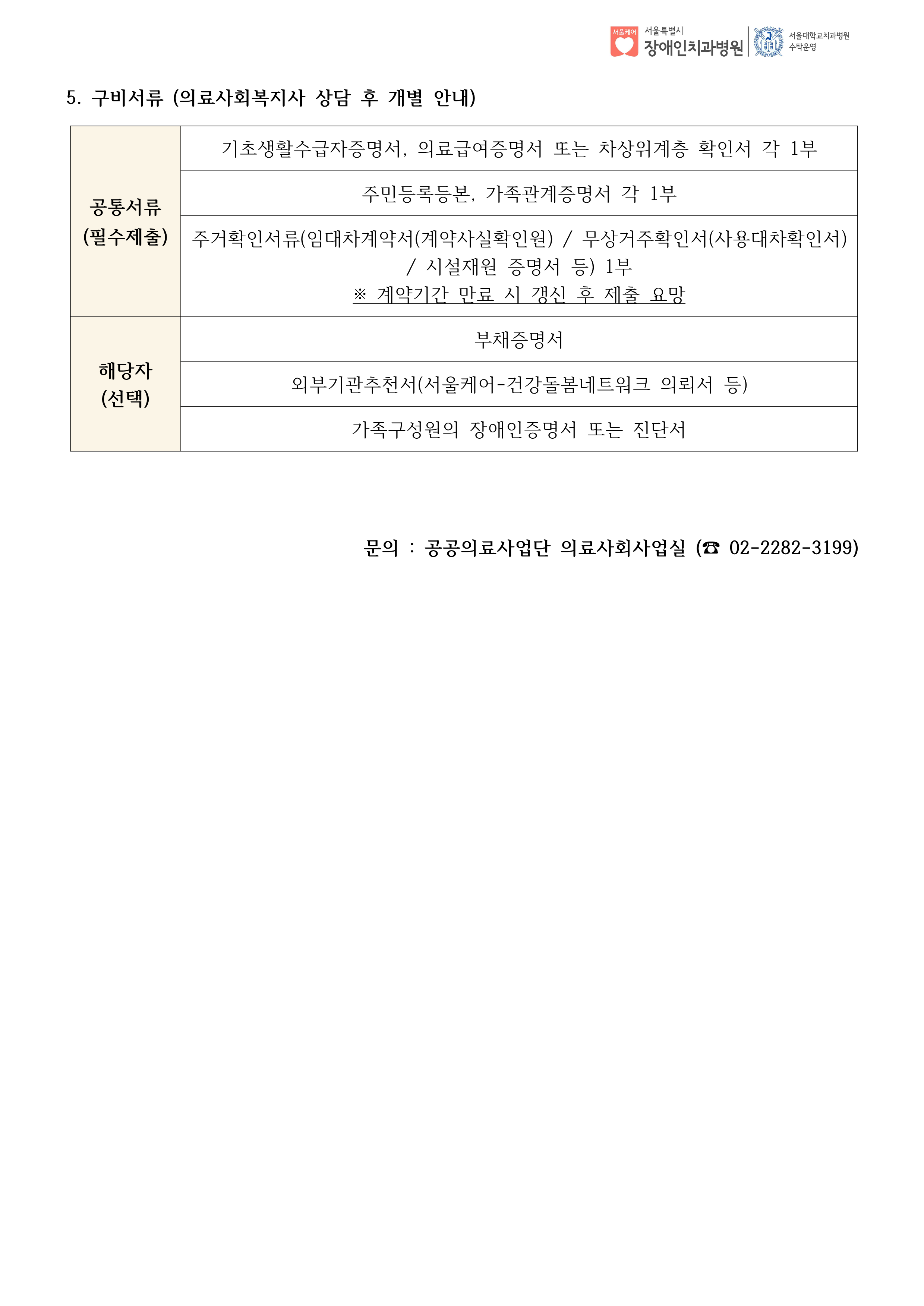 5. 구비서류(의료사회복지사 상담 후 개별 안내)
         공통서류(필수제출)
         기초생활수급자증명서, 의료급여증명서 또는 차상위계층 확인서 각 1부
         주민등록등본, 가족관계증명서 각 1부
         주거확인서류(임대차계약서 계약사실확인원) / 무상거주확인서(사용대차확인서) / 시설재원 증명서 등) 1부
         계약기간 만료 시 갱신 후 제출 요망
         
         해당자(선택)
         부채증명서
         외부기관추천서(서울케어-건강돌봄네트워크 의뢰서 등)
         가족구성원의 장애인증명서 또는 진단서
         
         문의 : 공공의료사업단 의료사회사업실(02-2282-3199)